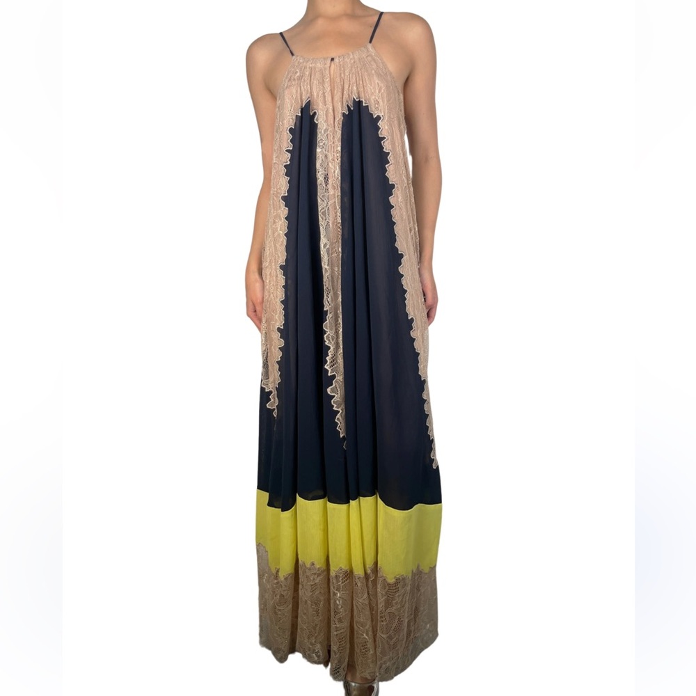 BCBGMaxAzria Navy and Yellow Lace Maxi Skirt